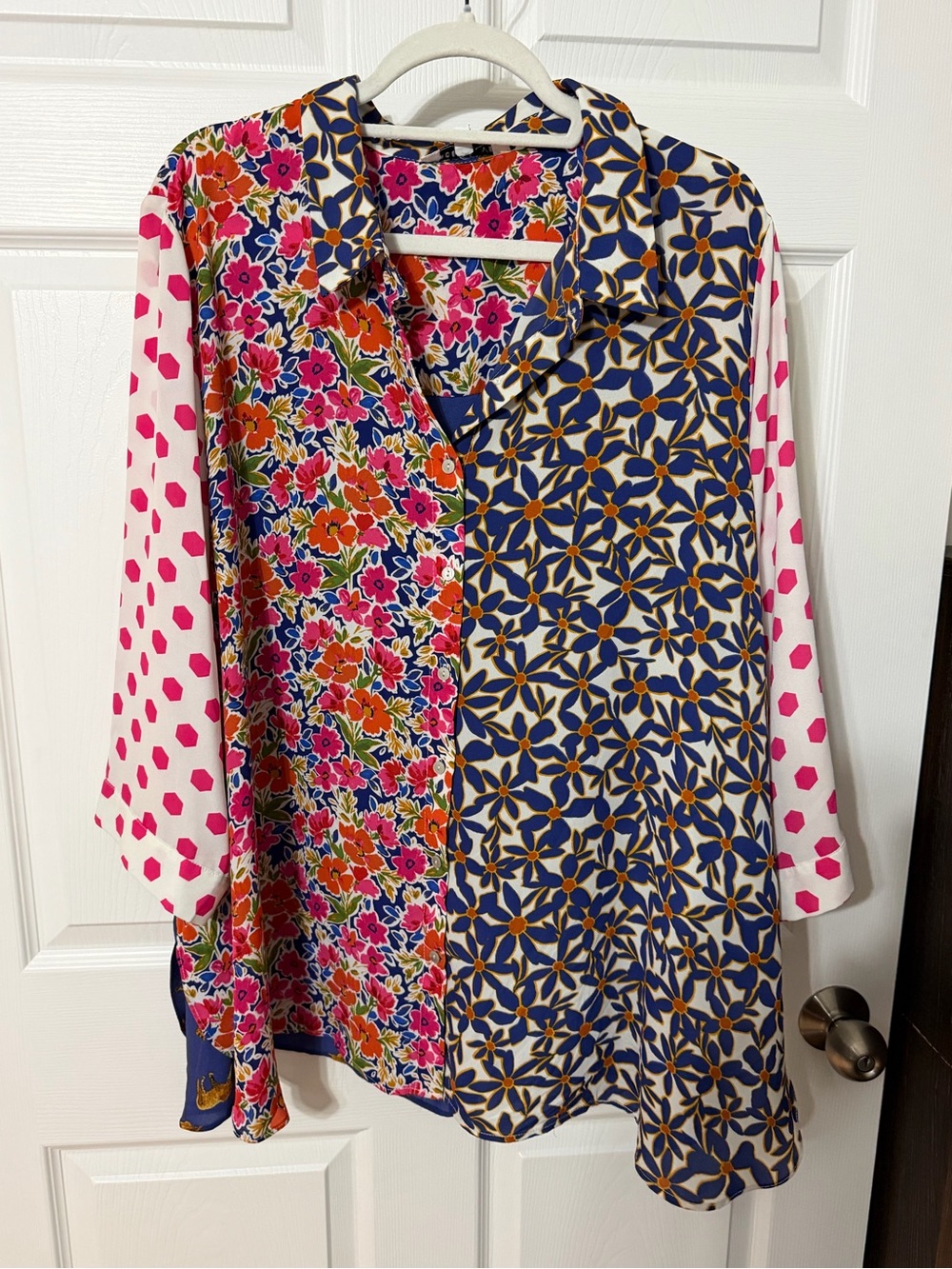 Rose & Olive Mixed-Print Button-Up Blouse - Pink, Navy & White